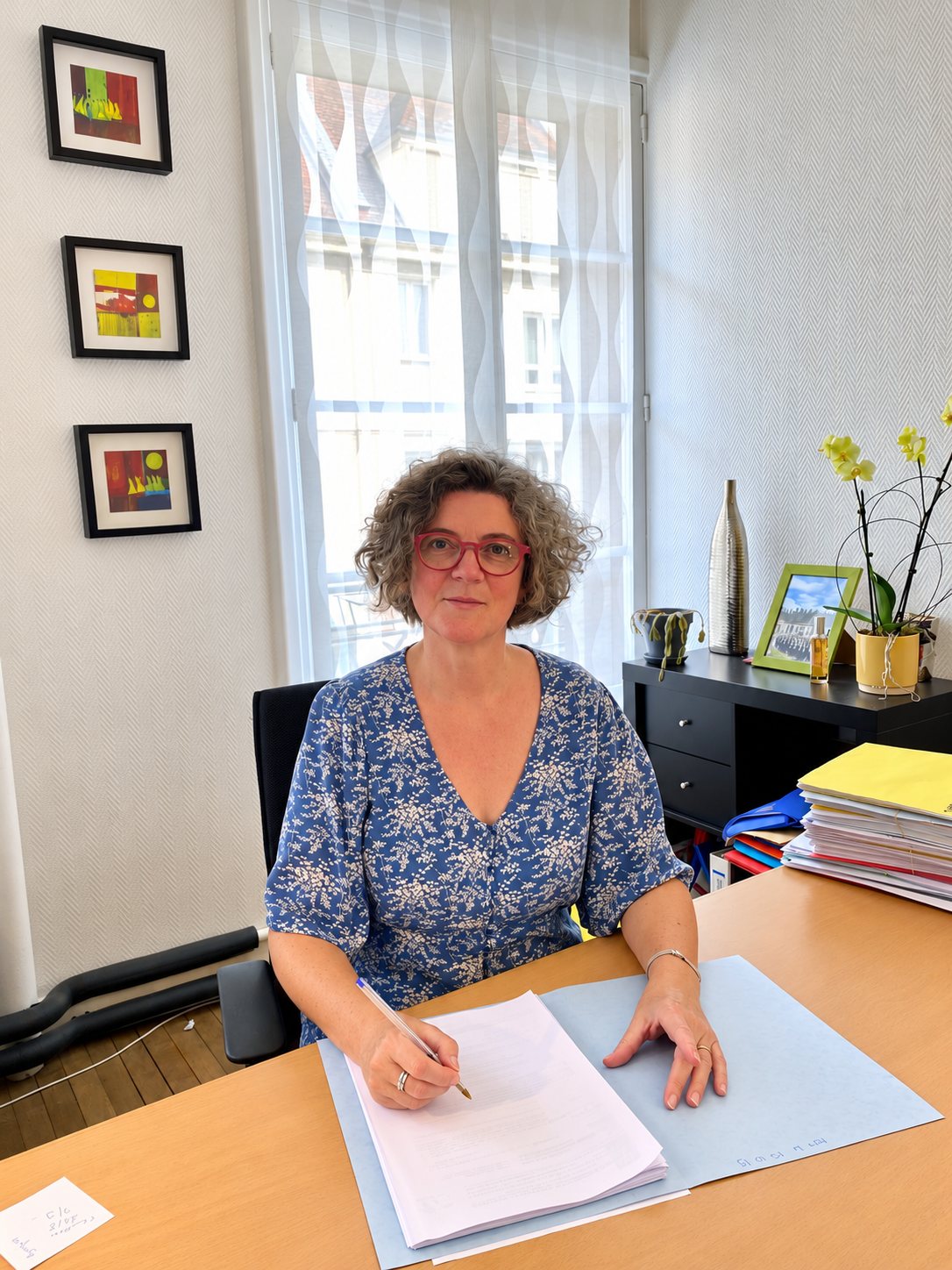 Femme aux lunettes rouges signant des documents dans son bureau lumineux